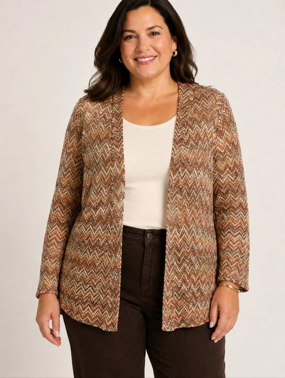 Alfred Dunner Chevron Open Front Cardigan Sweater Plus 1X Rust Brown Metallic